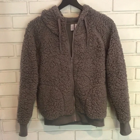 Z by Zella Bomber Fleece Hooded Sherpa Gray Jacket Size Medium - Picture 13 of 13